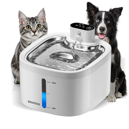 ERAMONG Smart Wireless Indoor Pet Water Fountain - 3.5L/118Oz Battery-Powered with Stainless Steel Tray, Motion Sensor, and 4-Layer Filtration System for Cats and Dogs