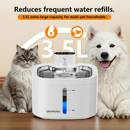 ERAMONG Smart Wireless Indoor Pet Water Fountain - 3.5L/118Oz Battery-Powered with Stainless Steel Tray, Motion Sensor, and 4-Layer Filtration System for Cats and Dogs