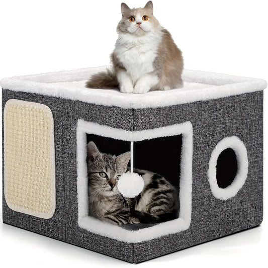 4-in-1 Foldable Luxury Cat House Villa - Multi-Functional Indoor Cat Condo with Scratch Pad and Reversible Cushion