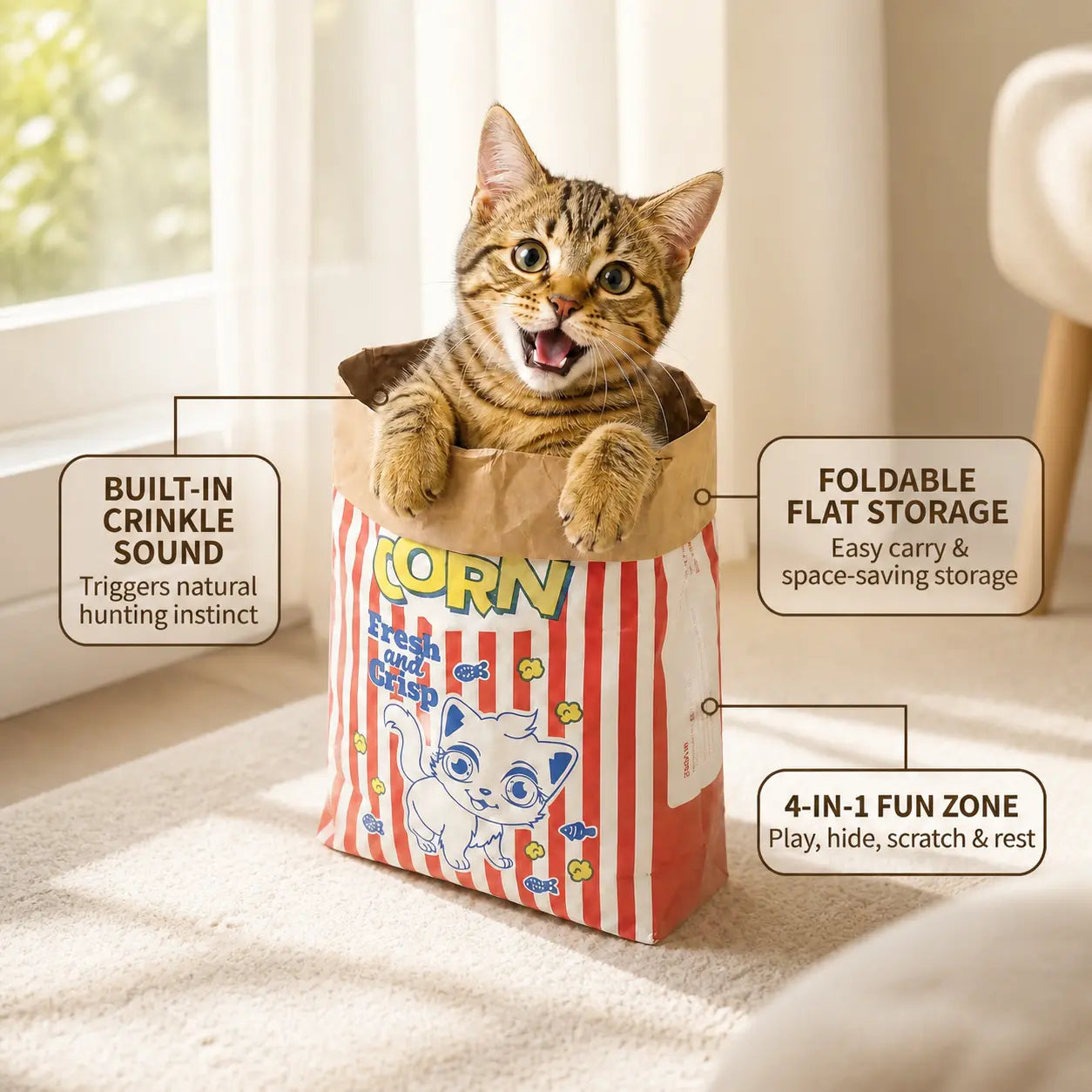 Giant Cat Crinkle Bag Tunnel - Collapsible 29.5 x 13.8 Inch Interactive Hideaway for Indoor Cats, Kittens, Rabbits, and Ferrets with Crinkle Sound