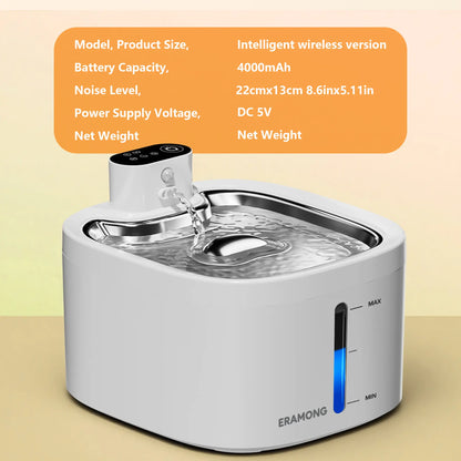 ERAMONG Smart Wireless Indoor Pet Water Fountain - 3.5L/118Oz Battery-Powered with Stainless Steel Tray, Motion Sensor, and 4-Layer Filtration System for Cats and Dogs