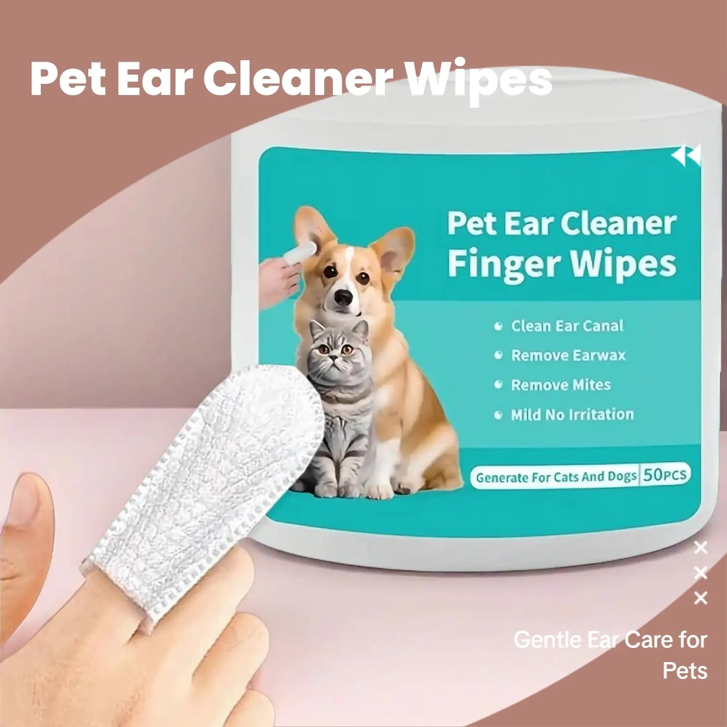 Ear Cleaning Wipes for Dogs and Cats - Comfortable Finger Design for Gentle Removal of Ear Wax, Debris, and Dirt | 50-Count Pack