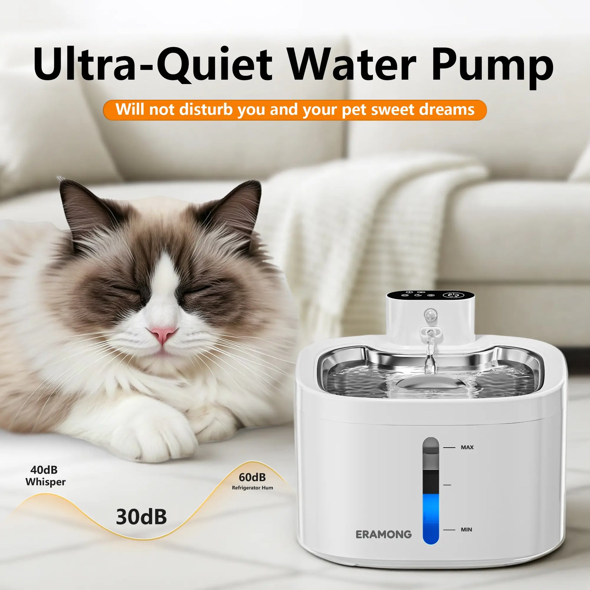 ERAMONG Smart Wireless Indoor Pet Water Fountain - 3.5L/118Oz Battery-Powered with Stainless Steel Tray, Motion Sensor, and 4-Layer Filtration System for Cats and Dogs