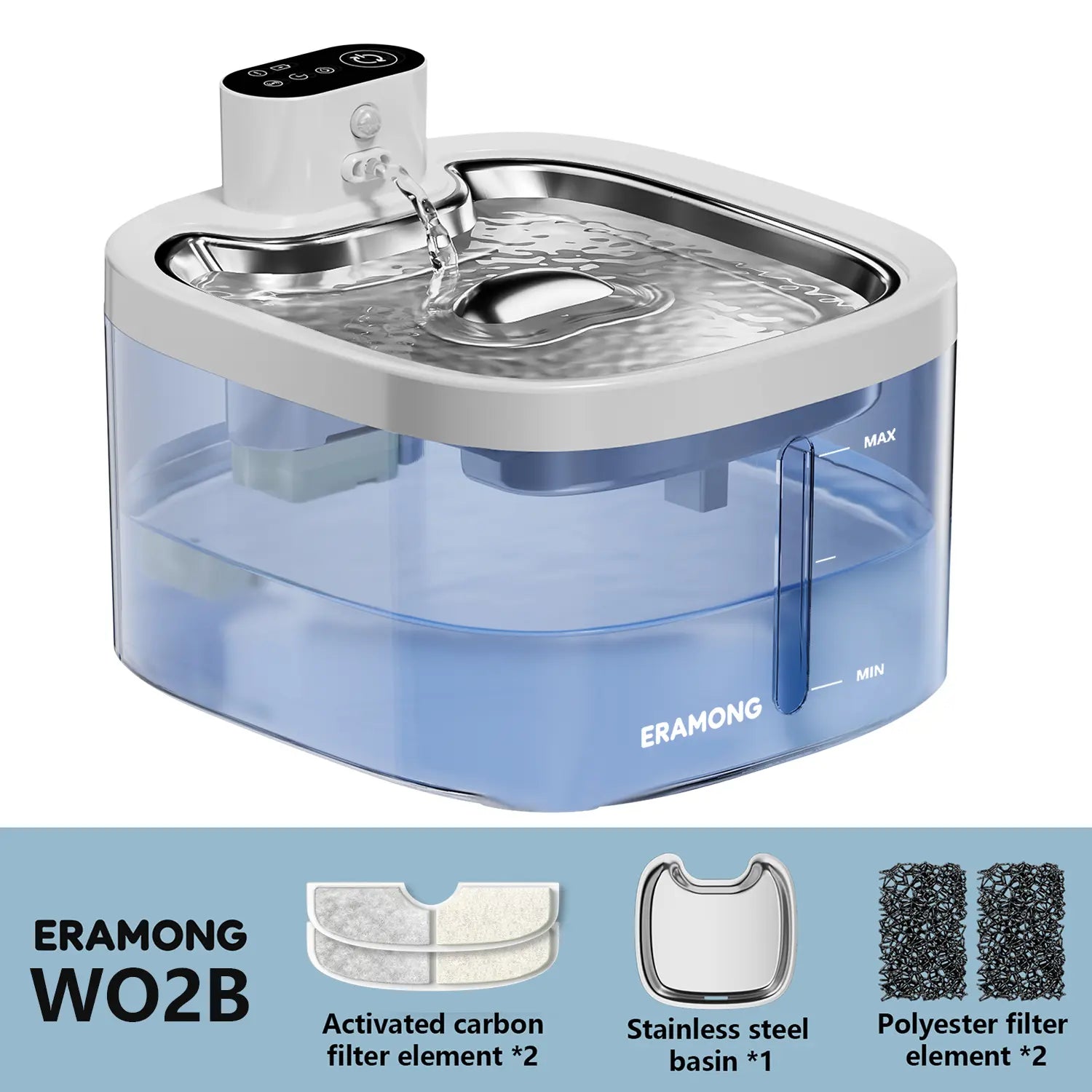 ERAMONG Smart Wireless Indoor Pet Water Fountain - 3.5L/118Oz Battery-Powered with Stainless Steel Tray, Motion Sensor, and 4-Layer Filtration System for Cats and Dogs