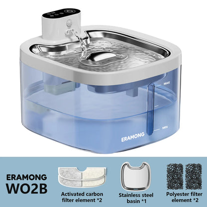ERAMONG Smart Wireless Indoor Pet Water Fountain - 3.5L/118Oz Battery-Powered with Stainless Steel Tray, Motion Sensor, and 4-Layer Filtration System for Cats and Dogs