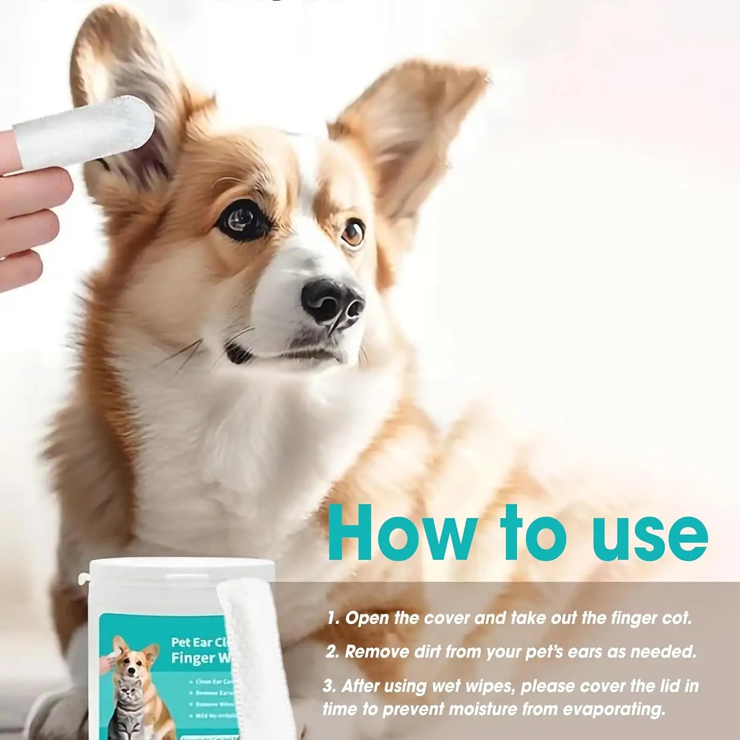 Ear Cleaning Wipes for Dogs and Cats - Comfortable Finger Design for Gentle Removal of Ear Wax, Debris, and Dirt | 50-Count Pack